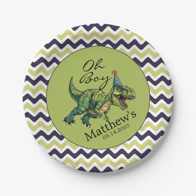 Oh Boy! Cute Dinosaur Baby Shower Paper Plates (Front)