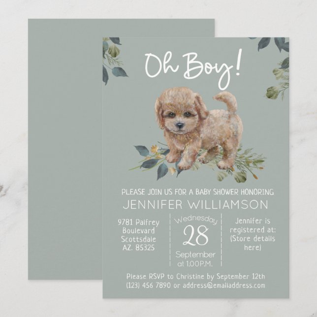 Oh Boy! Cute Dog Baby Shower Labradoodle Sage Invitation (Front/Back)