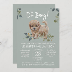 Oh Boy! Cute Dog Baby Shower Labradoodle Sage Invitation