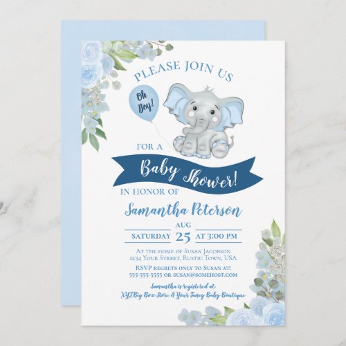 Oh Boy Cute Elephant Blue Floral Baby Shower Invitation