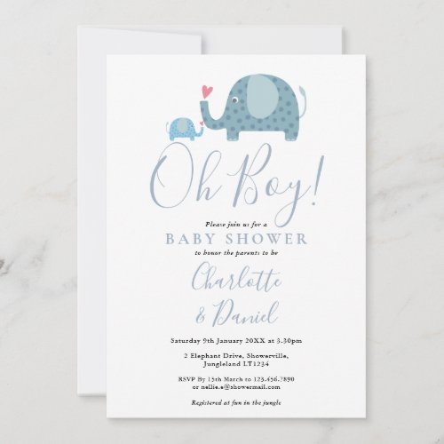 Oh Boy Cute Elephants Baby Shower Invitation