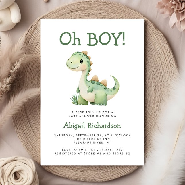 Oh Boy Cute Green Dinosaur Baby Shower Invitation (Creator Uploaded)