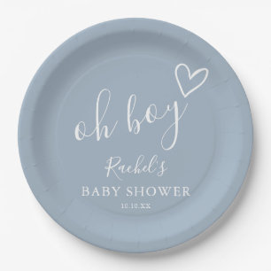 Oh Boy Cute Heart Dusty Blue Baby Shower Paper Plates