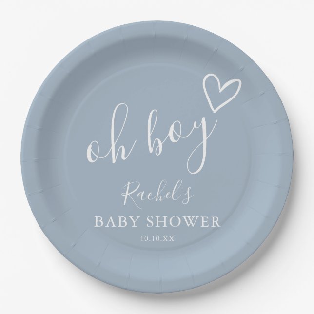 Oh Boy Cute Heart Dusty Blue Baby Shower Paper Plates (Front)