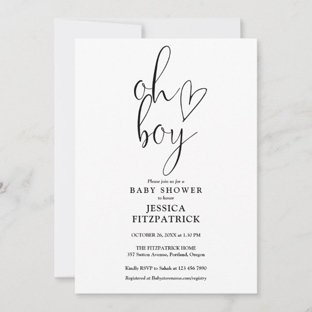Oh Boy Cute Heart Script All In One Baby Shower Invitation (Front)