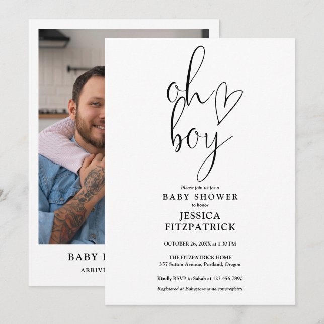 Oh Boy Cute Heart Script Photo Baby Shower Invitation (Front/Back)