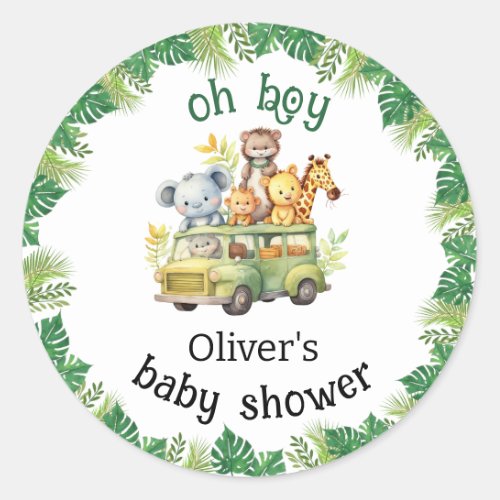 oh boy cute jungle safari animals baby shower classic round sticker