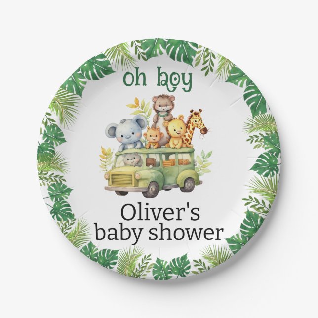 oh boy cute jungle safari animals baby shower paper plates (Front)
