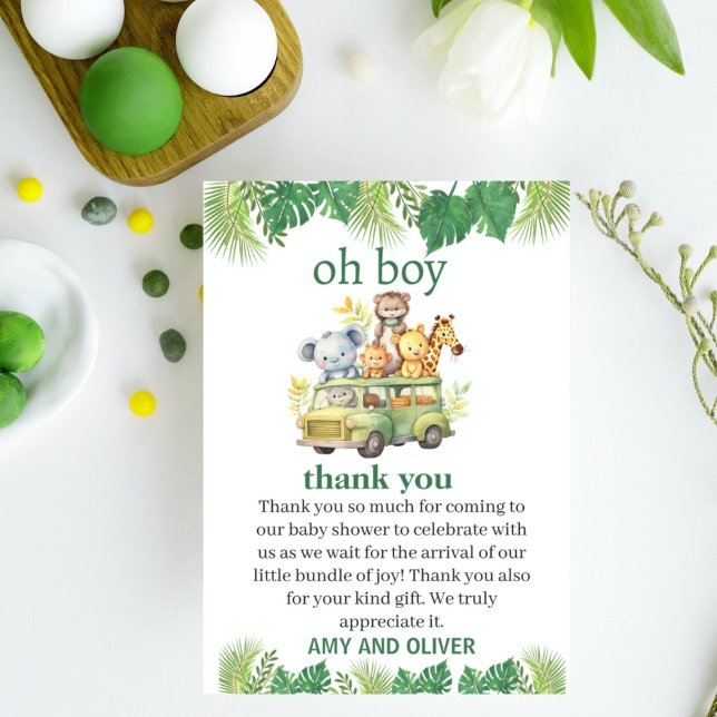 oh boy cute jungle safari animals baby shower thank you card (Creator Uploaded)