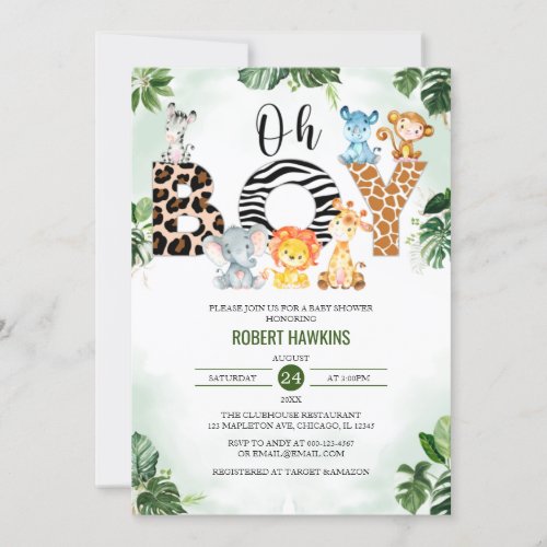 Oh Boy Cute Jungle Safari Baby Shower Invitation