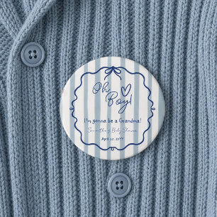 Oh Boy Cute Modern Dusty Blue Baby Shower Grandma Button