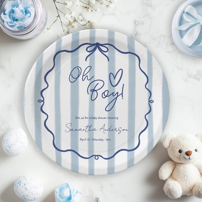 Oh Boy Cute Modern Dusty Blue Baby Shower Paper Plates (Creator Uploaded)