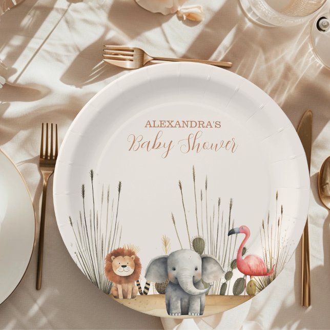 Oh Boy Cute Safari Animal Greenery Baby Shower Paper Plates (Creator Uploaded)