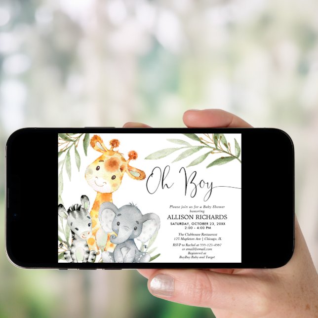 Oh boy cute Safari animal greenery boy baby shower Invitation (Front Digital)