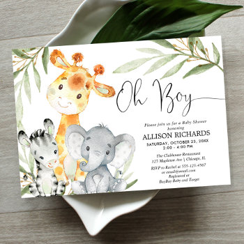 Oh Boy Cute Safari Animal Greenery Boy Baby Shower Invitation by StyleswithCharm at Zazzle