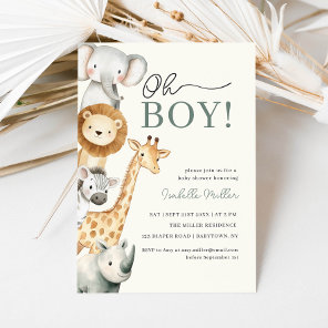Oh Boy Cute Safari Animal Greenery Boy Baby Shower Invitation
