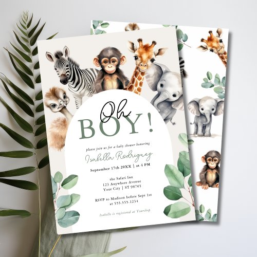 Oh Boy Cute Safari Animals Greenery Baby Shower Invitation
