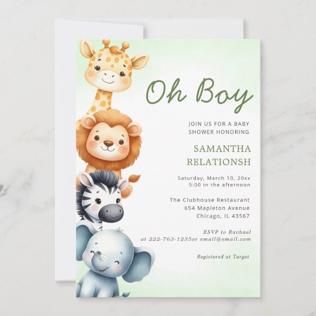 Oh boy cute Safari jungle animal boy baby shower  Invitation (Front)