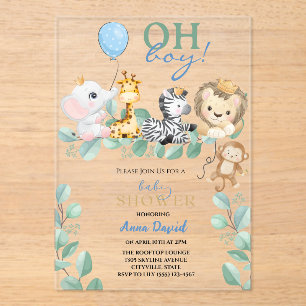 Oh Boy Cute Safari  Jungle Animals Baby Shower Acrylic Invitations