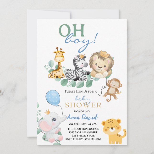oh boy cute safari  jungle animals baby shower invitation (Front)