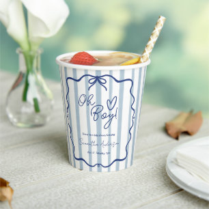 Oh Boy Cute Whimsical Blue Stripes Baby Shower Paper Cups
