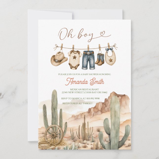 Oh Boy Desert Cactus Clothesline Baby Shower Invitation (Front)