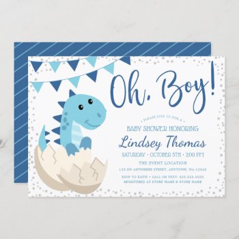 Oh Boy Dinosaur Navy Blue Baby Shower Invitation by printcreekstudio at Zazzle