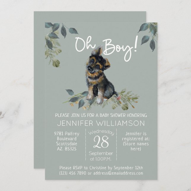 Oh Boy! Dog Baby Shower German Shepherd Puppy Sage Invitation (Front/Back)