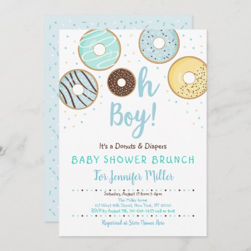 Oh Boy Donuts  Diapers Blue Baby Shower Brunch Invitation