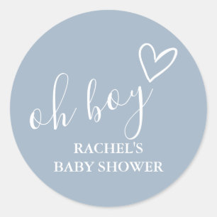 Oh Boy Dusty Blue Baby Shower Cute Heart Thank You Classic Round Sticker