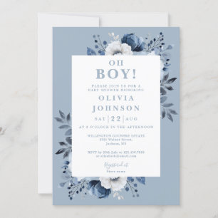 Oh Boy Dusty Blue Elegant Floral Baby Shower Invitation
