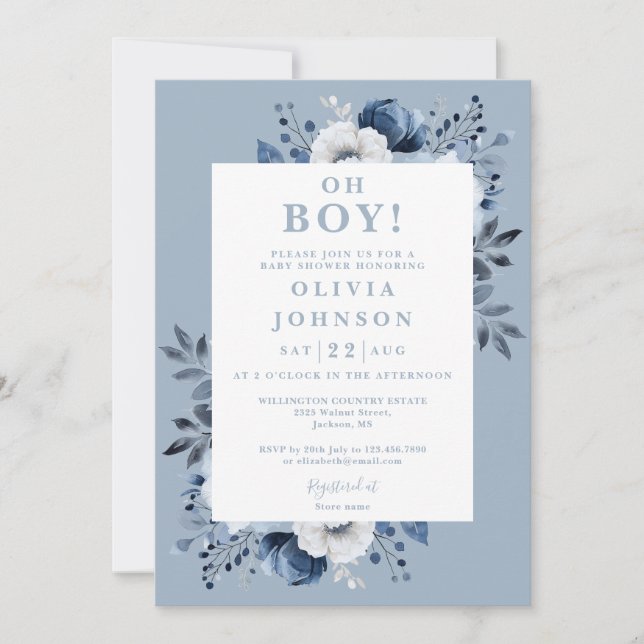 Oh Boy Dusty Blue Floral All In One Baby Shower Invitation (Front)