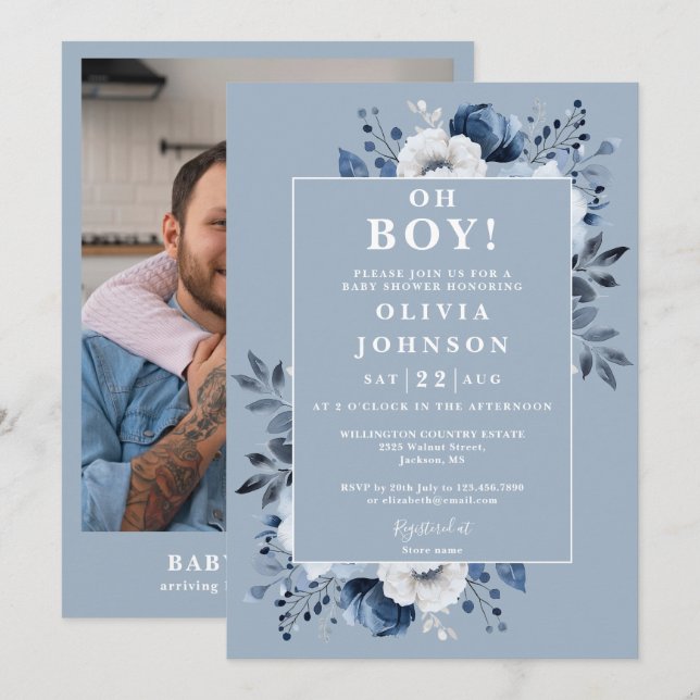 Oh Boy Dusty Blue Floral Photo Baby Shower Invitation (Front/Back)