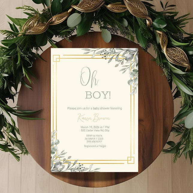 Oh Boy Elegant Greenery & Gold Baby Shower  Invitation (Creator Uploaded)
