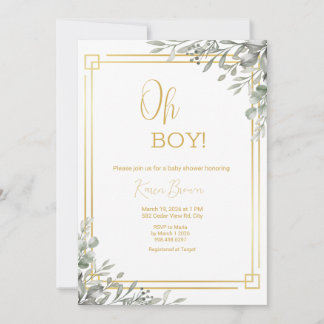 Oh Boy Elegant Greenery & Gold Baby Shower Invitation