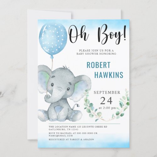 Oh Boy Elephant Baby Shower Invitation