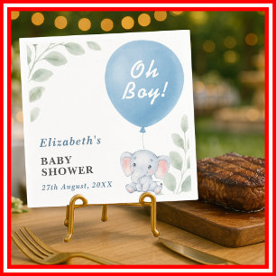 Oh Boy Elephant Balloon Eucalyptus Baby Shower Napkins