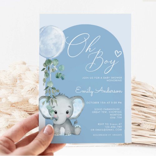 Oh Boy Elephant Boy With Balloon Baby Shower  Invitation