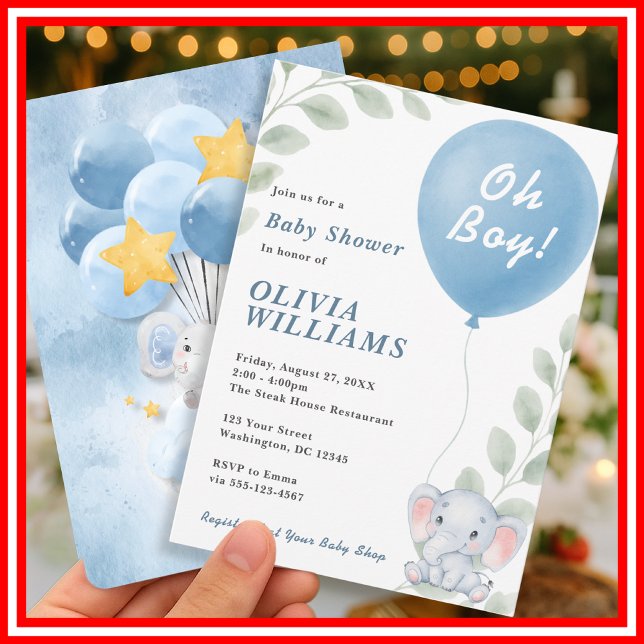 Oh Boy Elephant Eucalyptus Balloon Baby Shower   Invitation (Creator Uploaded)
