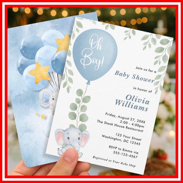 Oh Boy Elephant Eucalyptus Balloon Baby Shower   Invitation (Creator Uploaded)