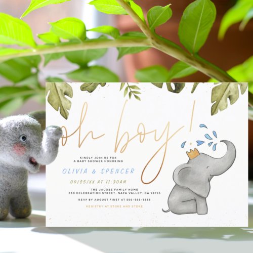 Oh Boy Elephant  Leaves Watercolor Baby Shower Postcard