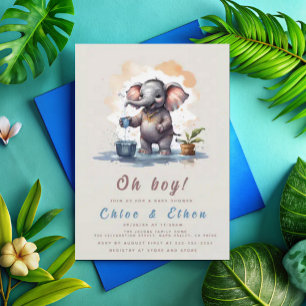 Oh Boy Elephant Rustic Gold Blue Baby Shower Invitation