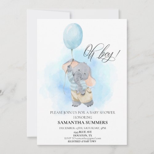 Oh Boy Elephant Watercolor Balloon Blue  Invitation