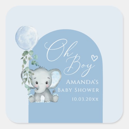 Oh Boy Elephant With Balloon Baby Shower Square Sticker