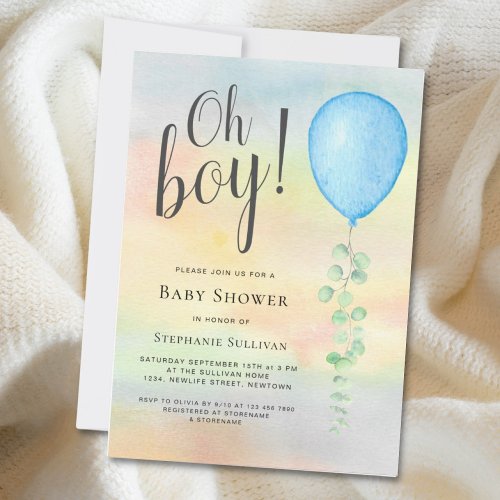 Oh Boy Eucalyptus Blue Balloon Baby Shower Invitat Invitation