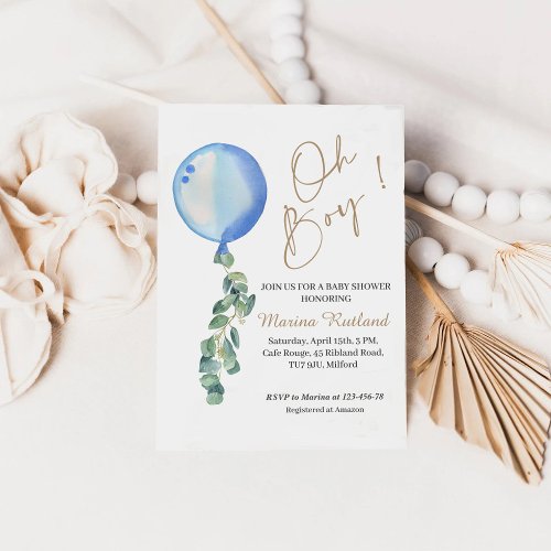 Oh Boy Eucalyptus Blue Balloon Baby Shower Invitation