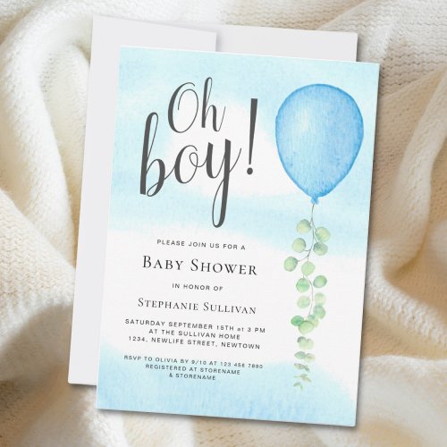 Oh Boy Eucalyptus Blue Balloon Baby Shower Invitation