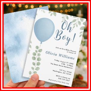 Oh Boy Eucalyptus Blue Balloon Baby Shower Invitation