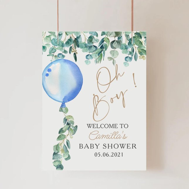 Oh Boy Eucalyptus Blue Balloon Baby Shower Poster (Creator Uploaded)
