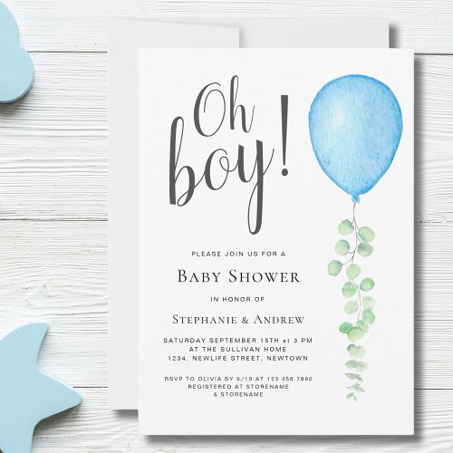 Oh Boy Eucalyptus Blue Balloon Couples Baby Shower Invitation